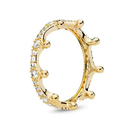 Elegant Gold Tone 925 Sterling Silver Heart Crown Ring for Women Brown
