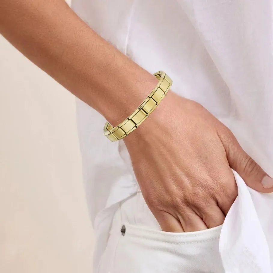 Elegant Gold-Tone Unisex Charm Bracelet Italian Link Stainless Steel 9mm