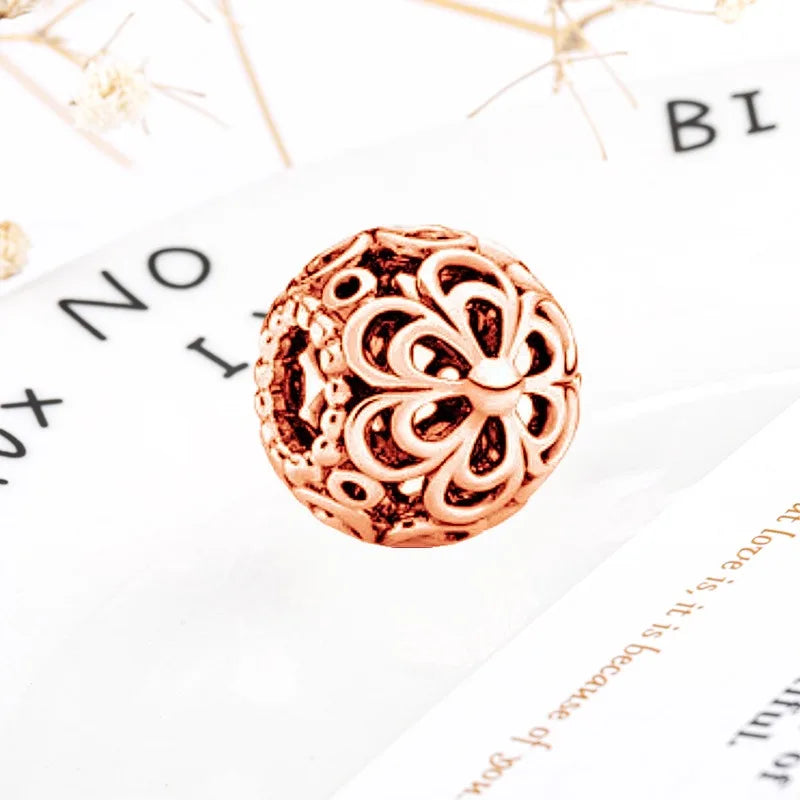 Rose Gold Winged Angel Heart Charm Bead Pink Daisy Spacer