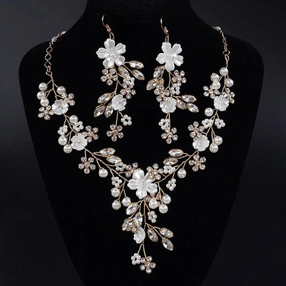 Wedding Elegance Rhinestone & Pearl Jewelry Set - Dangle Earrings & Adjustable Necklace for Women Gold