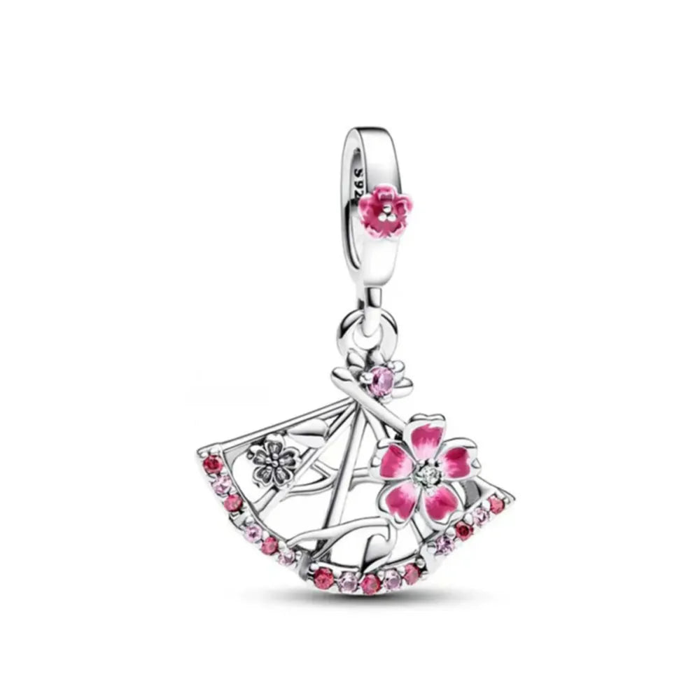Family Charm Pendant Pink Flower Heart Clover Dangle Bead for 925 Silver Bracelets P2027