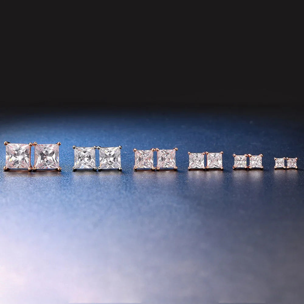 Square Clear Zircon Stud Earrings for Women and Men Stylish Ear Accessories with Various Size Crystals