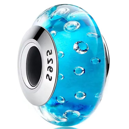 925 Sterling Silver Cosmic Rainbow Murano Glass Beads with Flower and Leaf Charms for DIY Women Jewelry