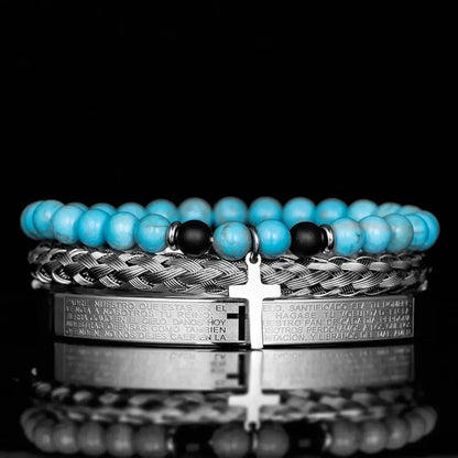 3pcs Set Men Stainless Steel Carving Bangle Cross Bracelet Set B