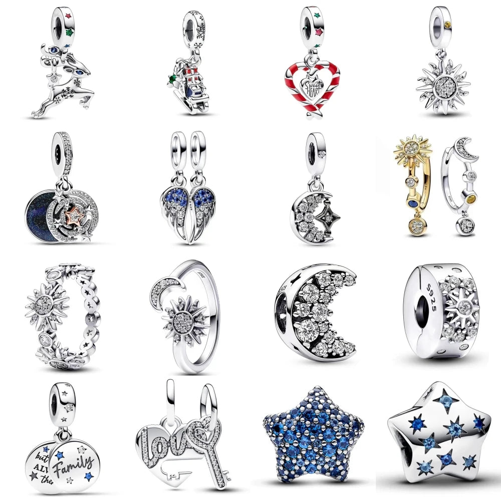 925 Sterling Silver Santa Elk Moon Star Bead Charm Cute