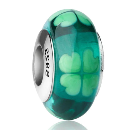 925 Sterling Silver Cosmic Rainbow Murano Glass Beads with Flower and Leaf Charms for DIY Women Jewelry