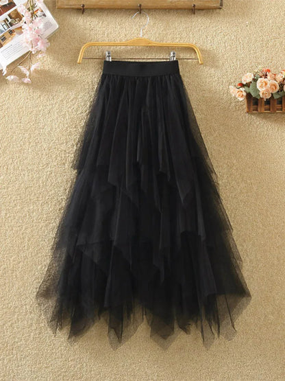 Women Irregular Tulle Skirt Elastic High Waist Mesh Midi