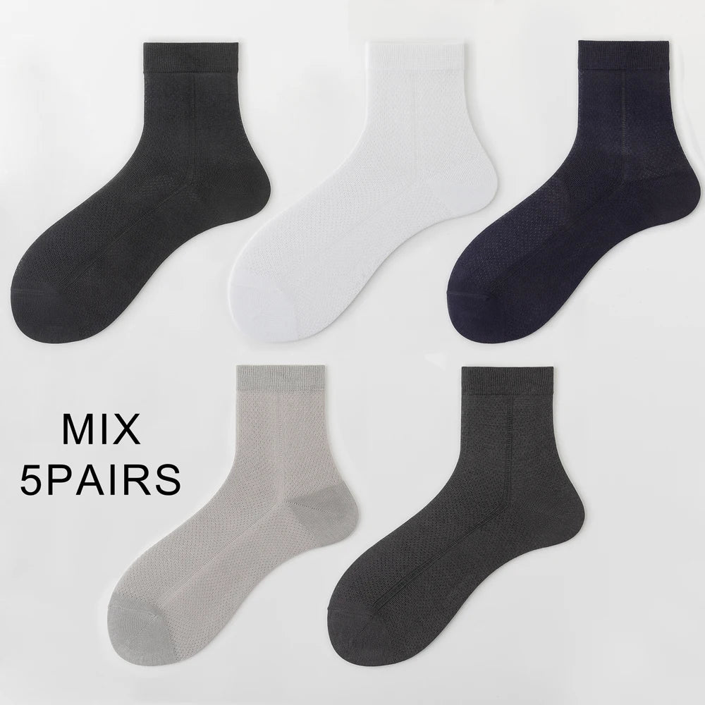 5 Pairs Breathable Business Mid Calf Ice Silk Cotton Socks