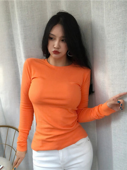 Female T-Shirt Knitted Top White Shirt Strap Poleras Mujer De Moda 2024 Autumn Polera Blanca Hot Casual Korean Style Women