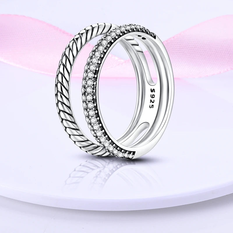 Women's Classic Geometric 925 Sterling Silver Ring with Overlapping Zircon
