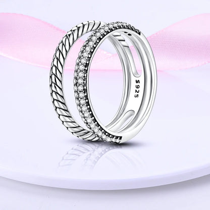 Women's Classic Geometric 925 Sterling Silver Ring with Overlapping Zircon
