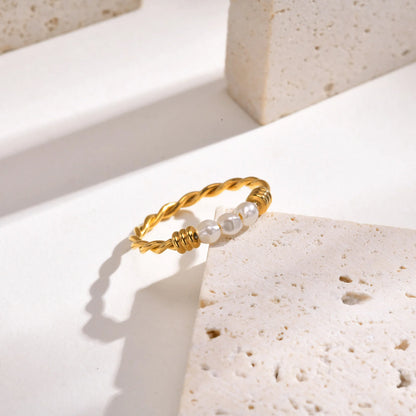 Elegant Gold-Plated Braided Pearl Ring for Women - Stackable Wedding or Party Jewelry