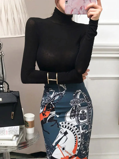 Fall 2024 Women See Through Long Sleeve Turtleneck Top