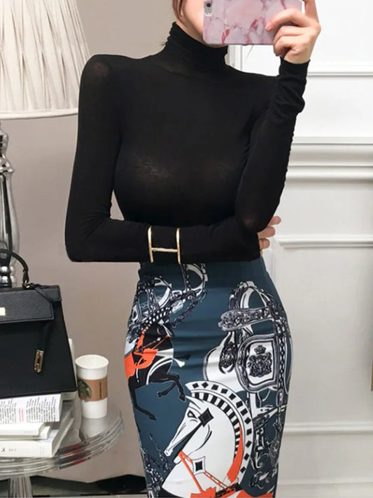 Fall 2024 Women See Through Long Sleeve Turtleneck Top