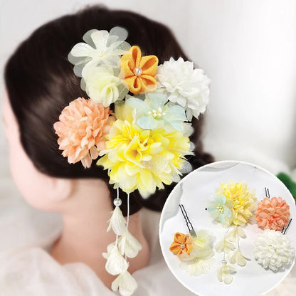 Japanese Handmade Fabric Flower Kimono Hairpin with Tassel for Weddings and Festivals