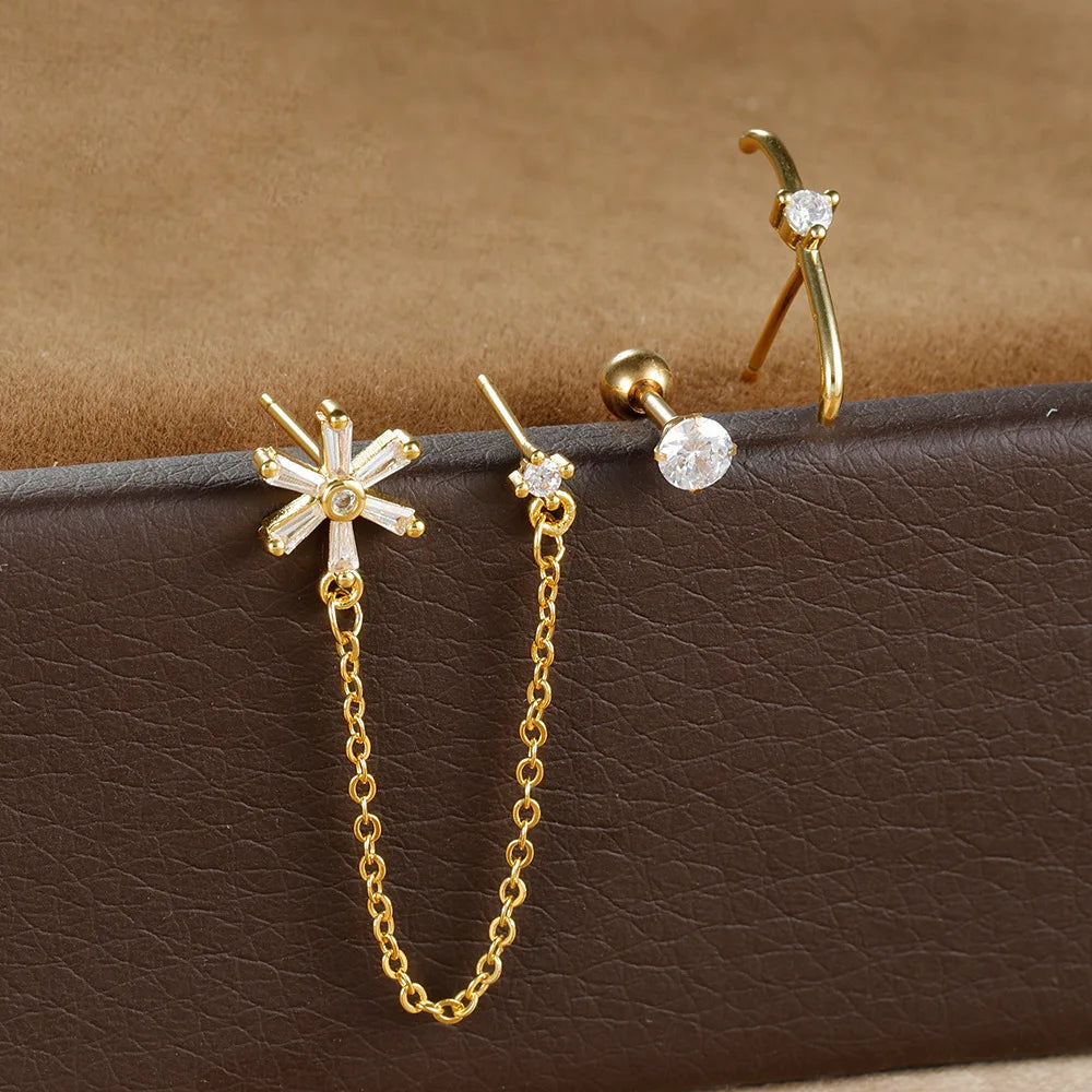 3PCS Gold-Plated Stainless Steel Stud Earrings Set for Women with Zircon Cartilage Piercing Fashion Jewelry