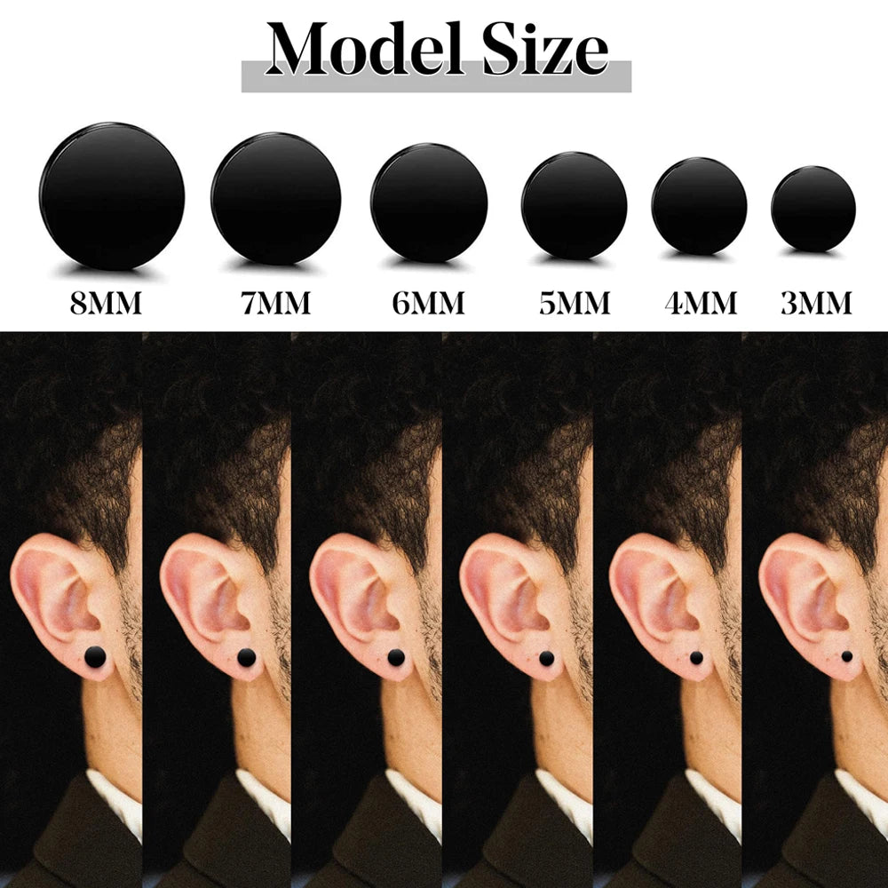 6 Pairs Stainless Steel Black Stud Earrings for Men and Women Faux Gauge Tunnel Designs 3-8mm