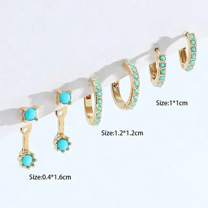 3 Pcs Turquoise Mini Earrings Set Gold Color New Design