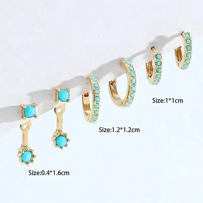 3 Pcs Turquoise Mini Earrings Set Gold Color New Design