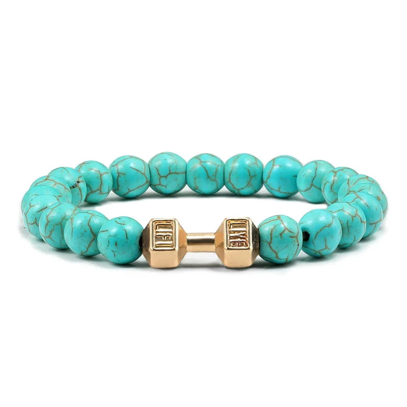 Vintage Men's Natural Stone Bead Bracelet With Dumbbell Pendant turquoise gold