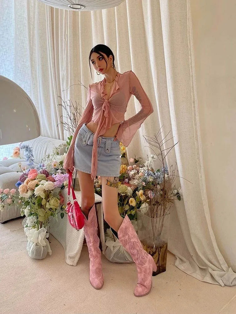 Long Flare Sleeve Lace Up Mesh Blouse Korean Fashion Chic