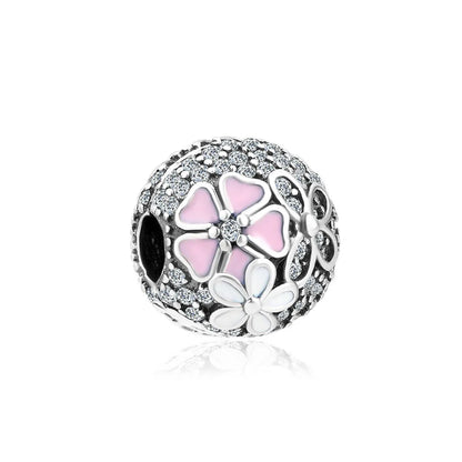 Spring Pink Flower Charms 925 Silver Beads for European Bracelets and Necklaces Jewelry Gift for Best Friends and Moms