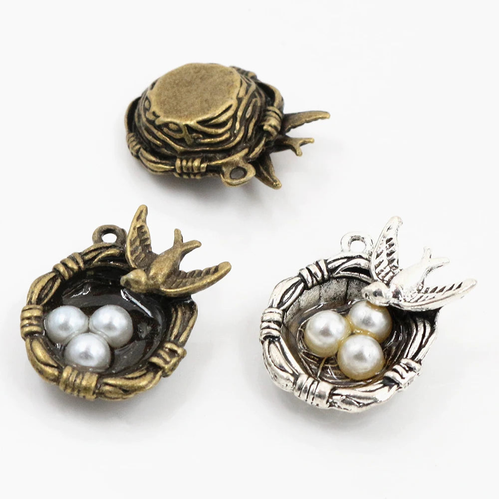 Antique Silver Plated Bird Nest Charms for DIY Jewelry Crafting