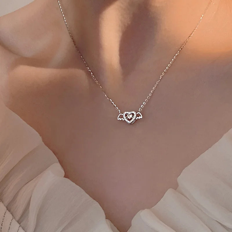 Elegant Angel Wings Heart Necklace for Women - Silver Plated Clavicle Pendant by JWER
