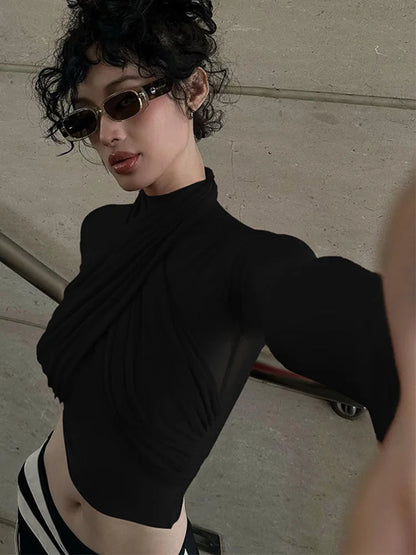 2024 Red Mesh Turtleneck Crop Top Long Sleeve Sexy Club