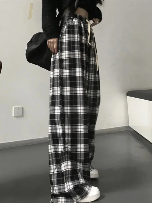 Plaid Black White Wide Leg Pants For Women Retro Streetwear