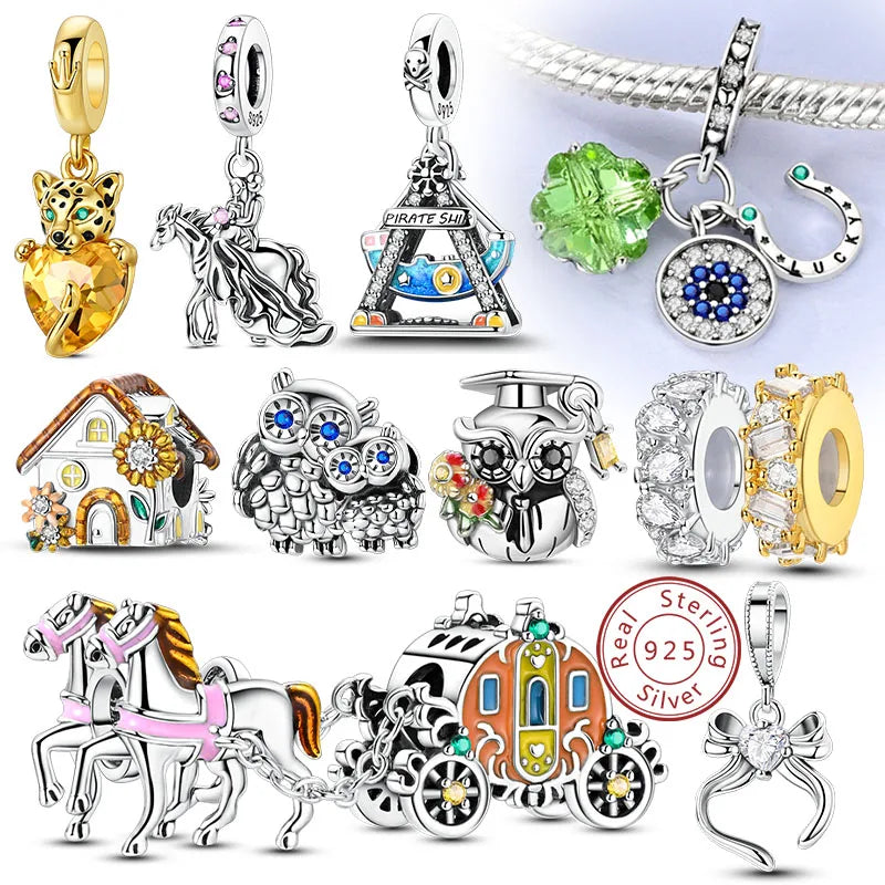 925 Sterling Silver Owl Bow Zircon Charm Beads Pendant