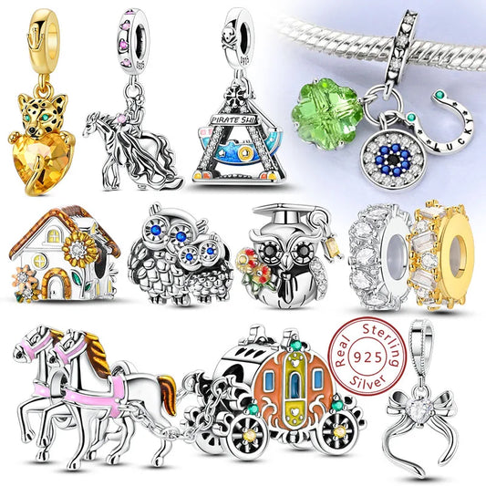 925 Sterling Silver Owl Bow Zircon Charm Beads Pendant