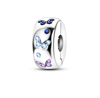 925 Sterling Silver Colorful Butterfly And Cherry Blossom Beads Clip Charm For DIY Bracelets Fine Zircon Jewelry