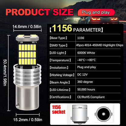1156 BA15S LED Bulbs 4 Pack 15W 12V 6500K White Bright Tail Brake Parking Turn Signal Lights