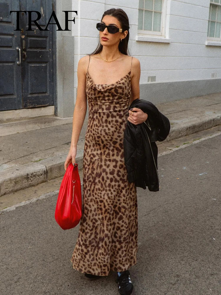 TRAFZA 2024 Women Summer Vintage Leopard Print Dress