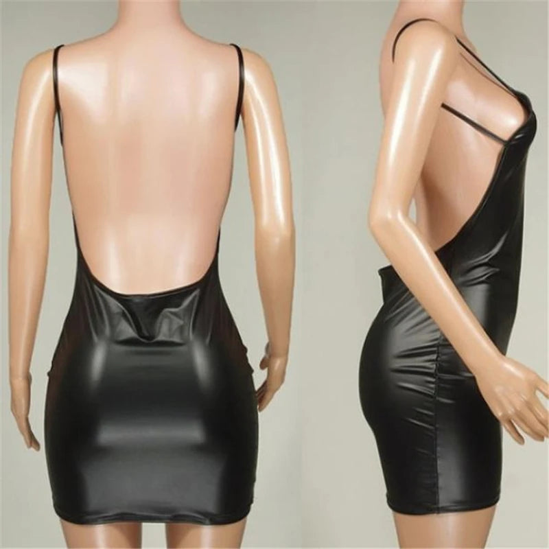 Sexy Faux Leather Backless Club Party Dress Mini Micro