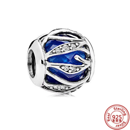 Sterling Silver Blue Zircon Feather Crown Moon Pendant Charm Bracelet Beads N684 3mm-4mm
