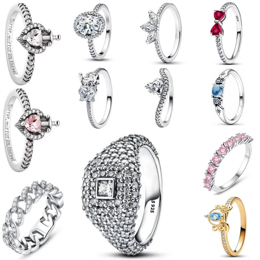 2025 European 925 Silver Red Bow Pink Heart Shaped Ring Exquisite Charm Jewelry Gift for Women