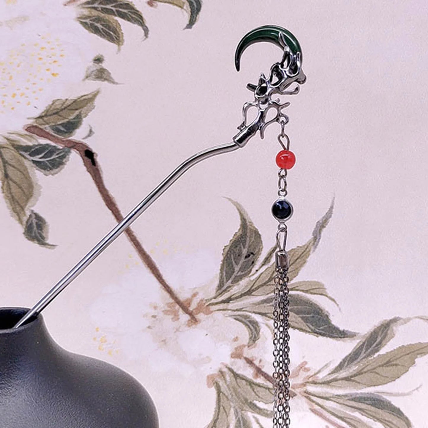 Elegant Ink Flower Tassel Hairpin Forks for Women - Modern Hanfu Hair Jewelry with Black Beads Fringe