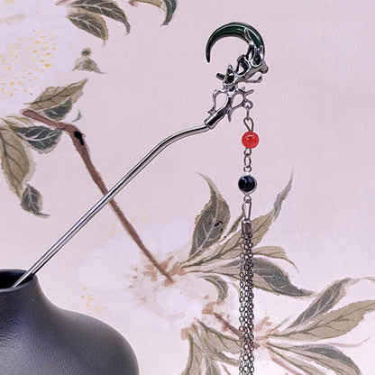 Elegant Ink Flower Tassel Hairpin Forks for Women - Modern Hanfu Hair Jewelry with Black Beads Fringe