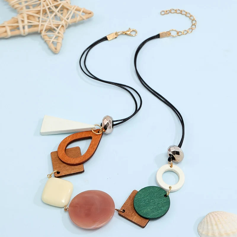 Vintage Wooden Geometric Pendant Necklace for Women Ethnic Handmade Statement Jewelry