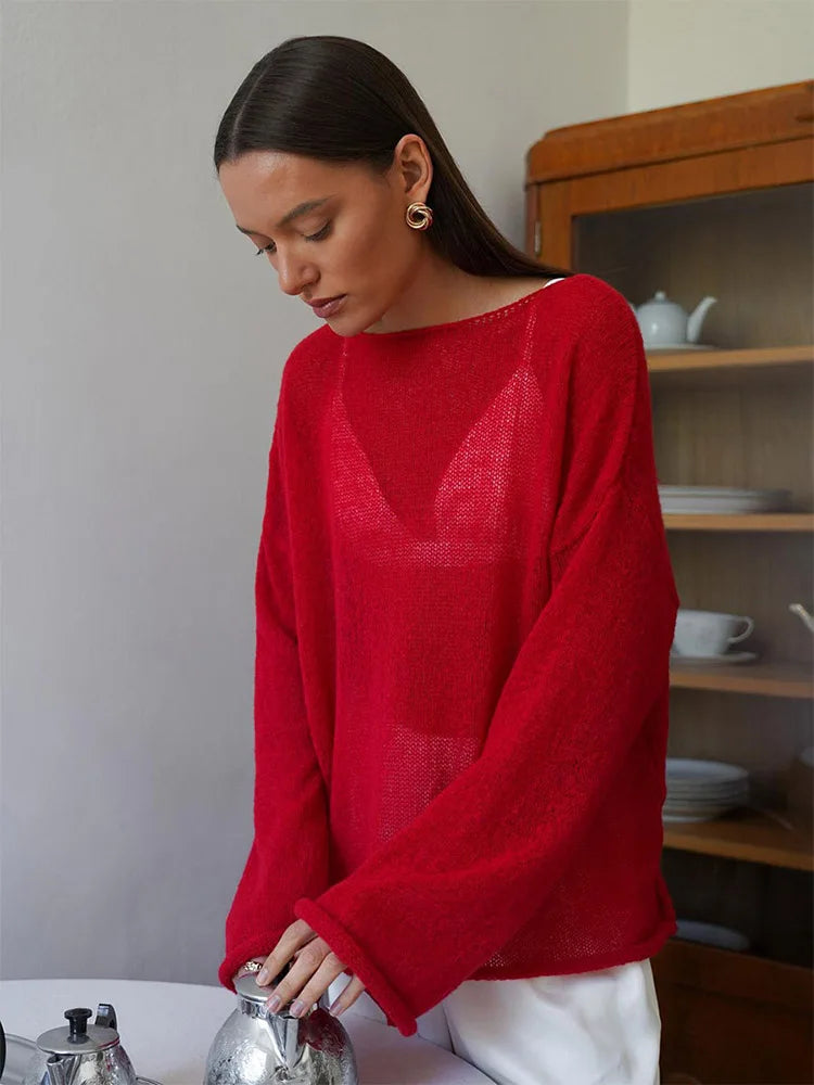 Transparent Knit Sweater for Women Loose Fit Cozy Autumn