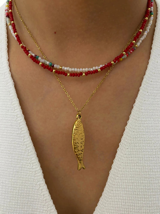 PerisBox Boho Colorful Acrylic Beaded Necklace with 18K Gold Plated Solid Fish Pendant Waterproof Stackable Jewelry for Women