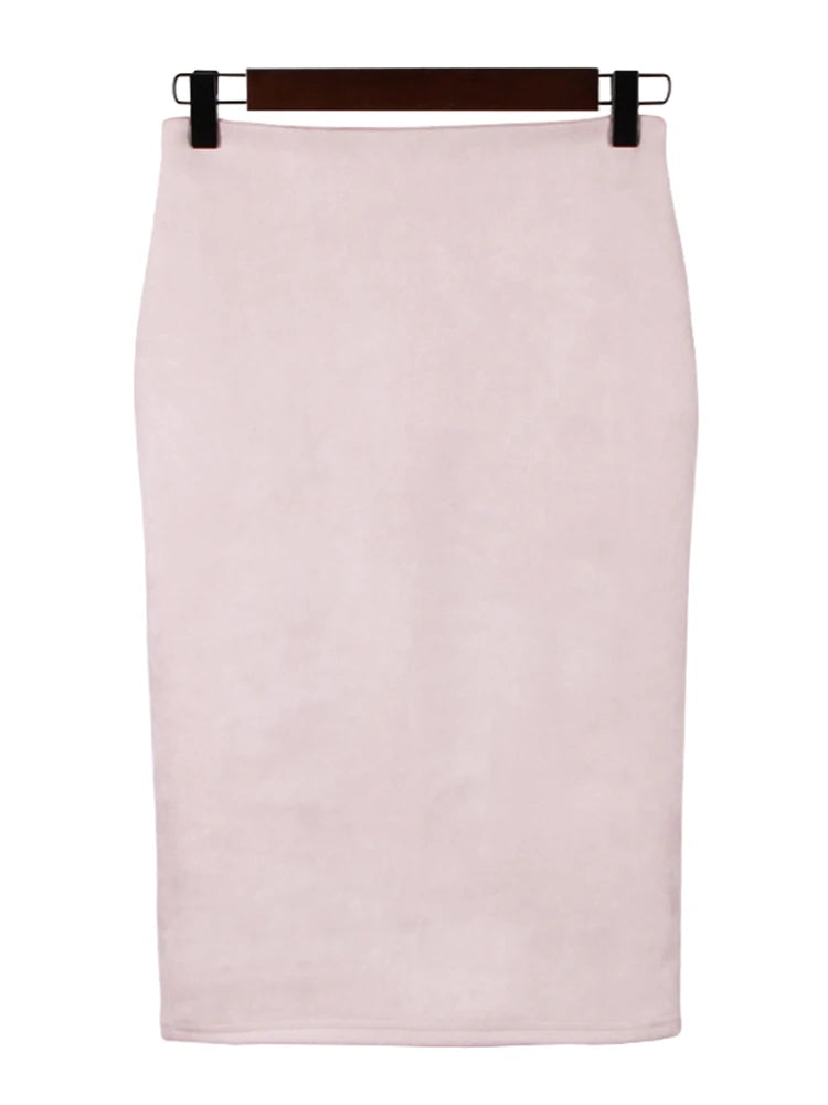 Multicolor Suede Midi Pencil Skirt Women High Waist Bodycon