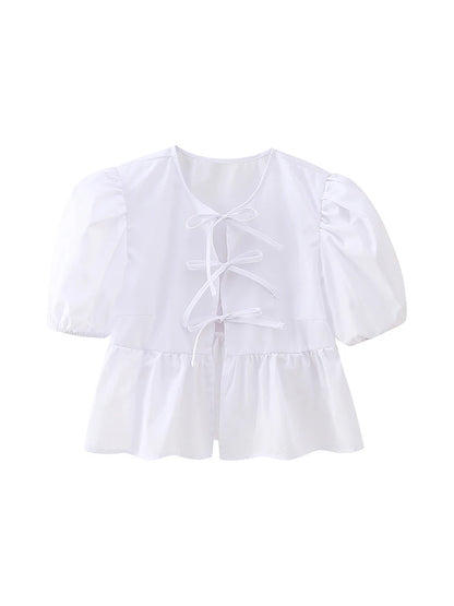 Hollow Lace Up O Neck Short Sleeve Blouse Chic For Women
