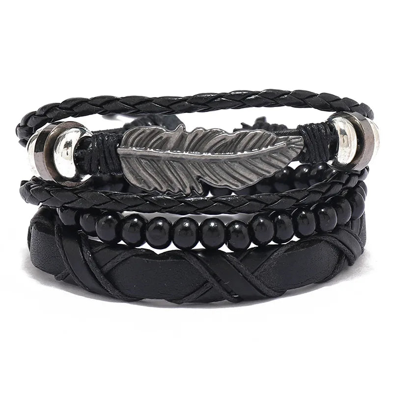 ZORCVENS Men's Handmade Braided Leather Bracelet Set - Vintage Black Punk Fashion Gift