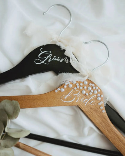 Elegant Bride and Groom Pearl Engraved Wedding Hangers Set for Bridal Dress and Suit