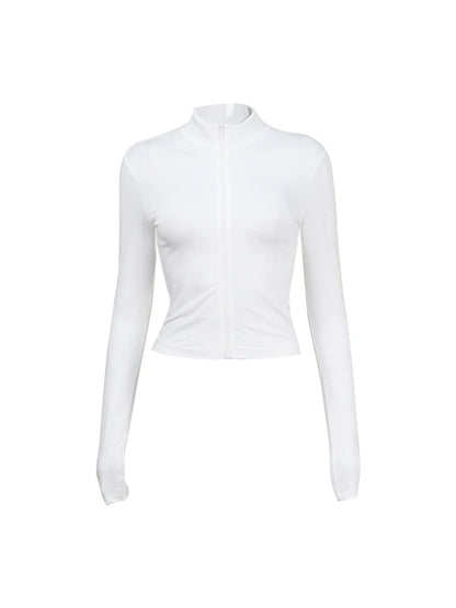 Long sleeved semi high neck zipper cardigan short style tight fitting spicy girl style fashionable crop top T-shirt