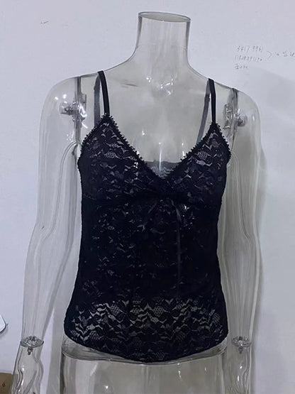 Black Lace Cami Crop Top For Women See Through V Neck Y2K