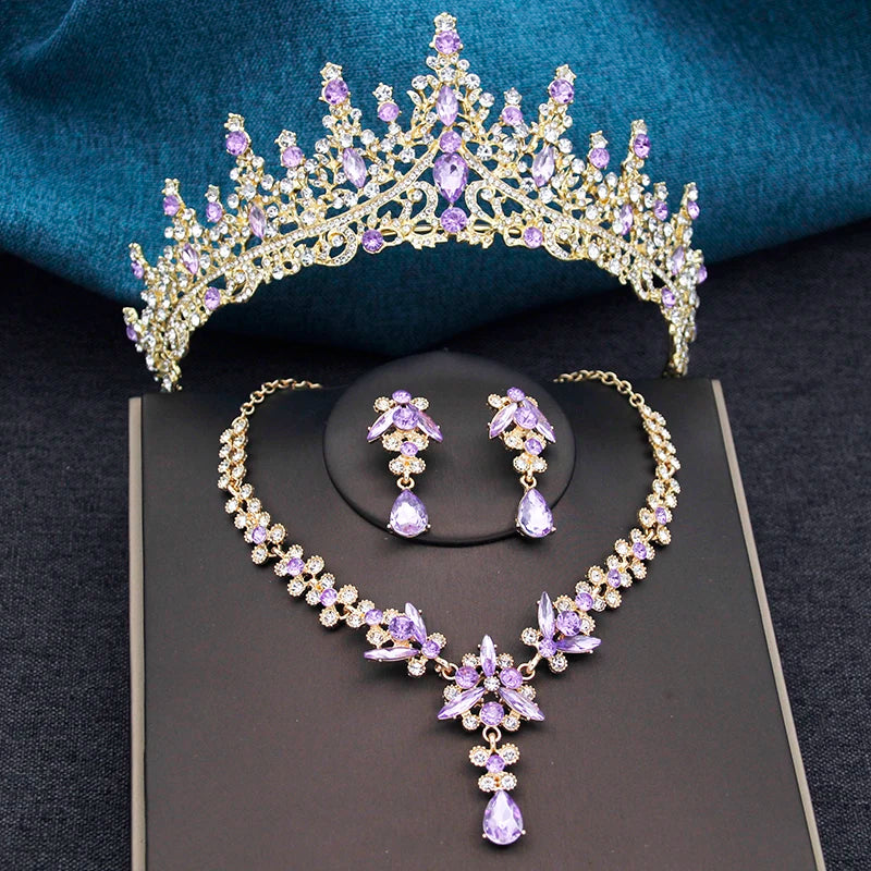 Elegant Silver Opal Blue Wedding Crown Jewelry Set for Women - Princess Tiaras, Earrings, and Necklace for Prom Gifts